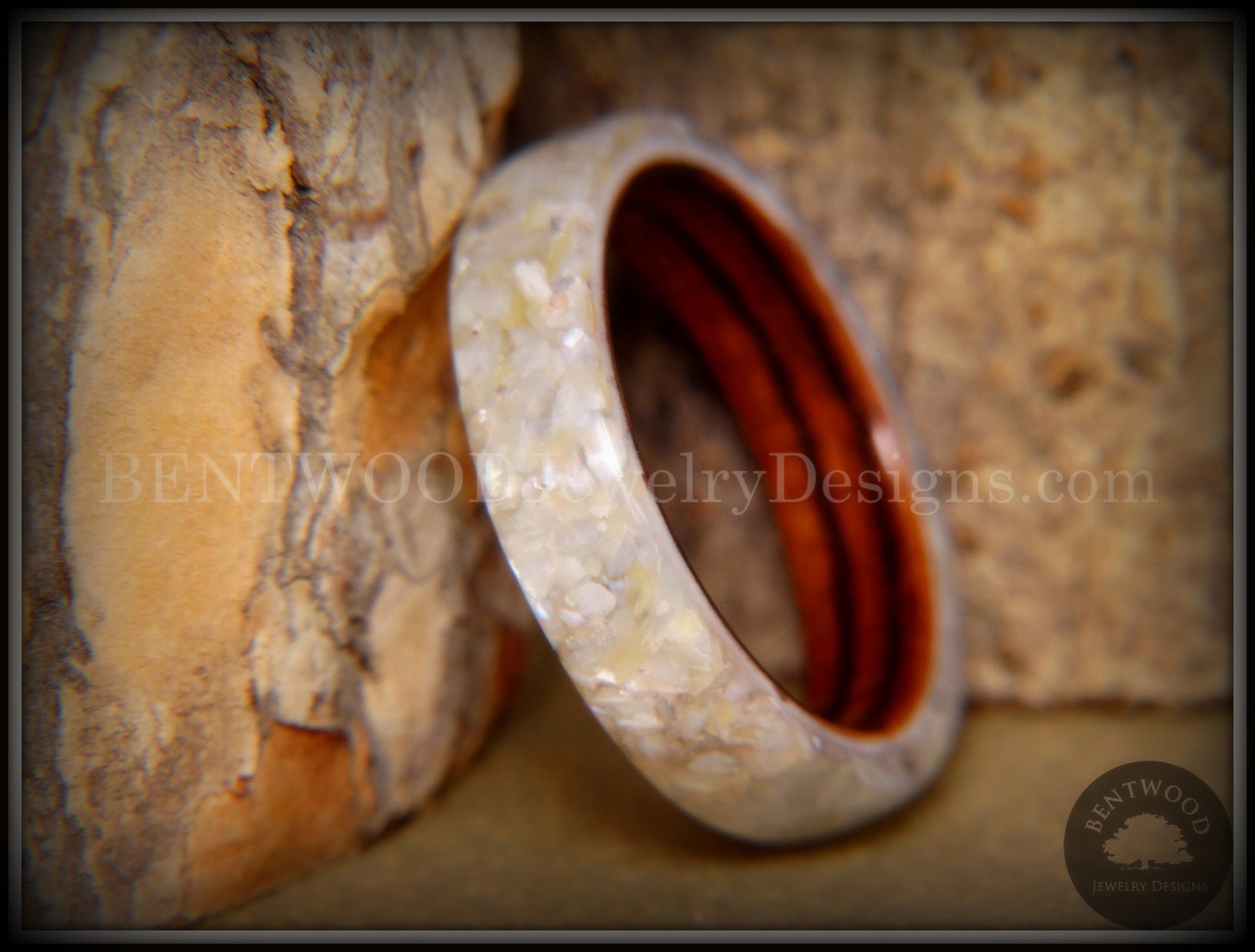 Bentwood Ring - Kingwood Ring with Full White Mother of Pearl Inlay handcrafted bentwood wooden rings wood wedding ring engagement