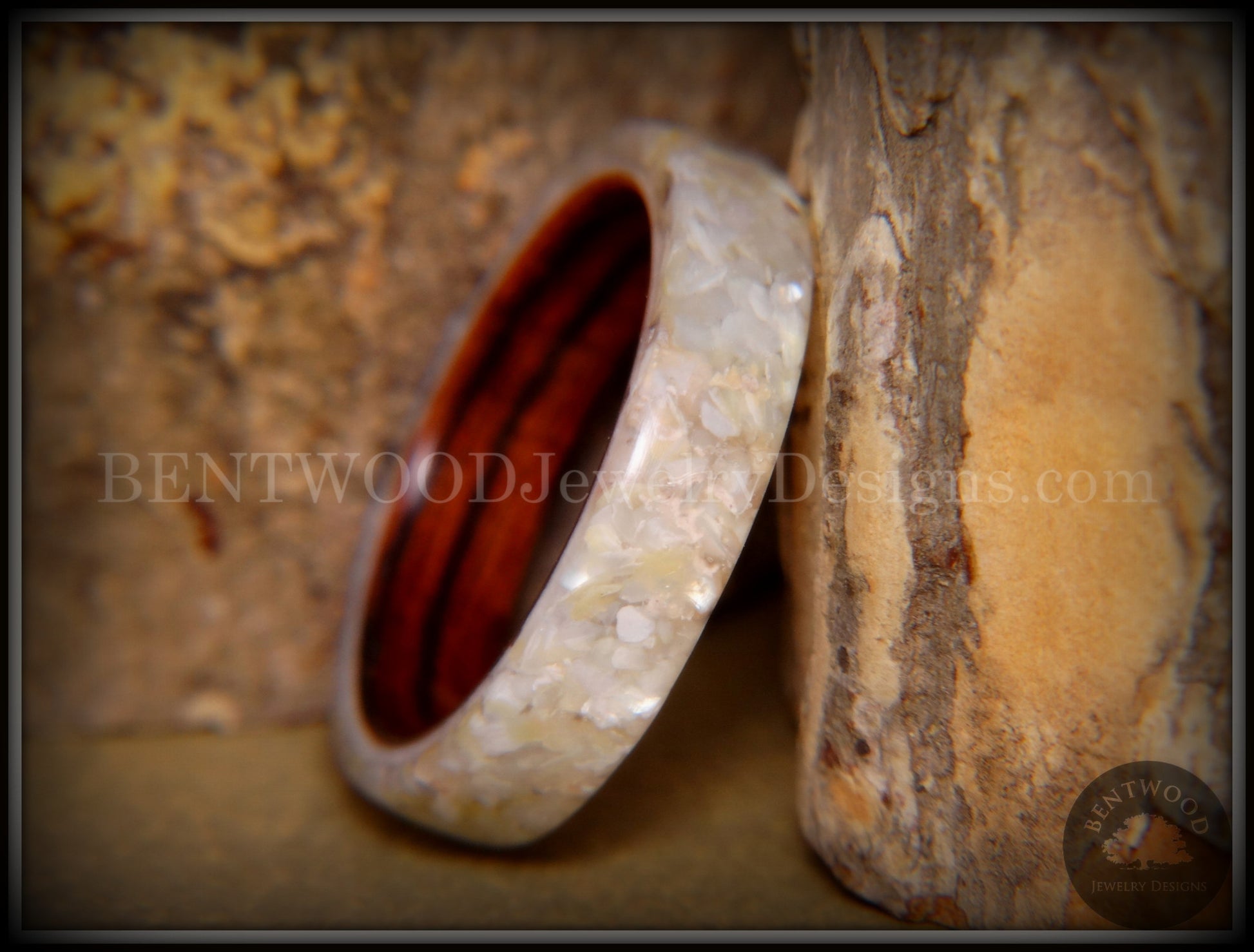 Bentwood Ring - Kingwood Ring with Full White Mother of Pearl Inlay handcrafted bentwood wooden rings wood wedding ring engagement