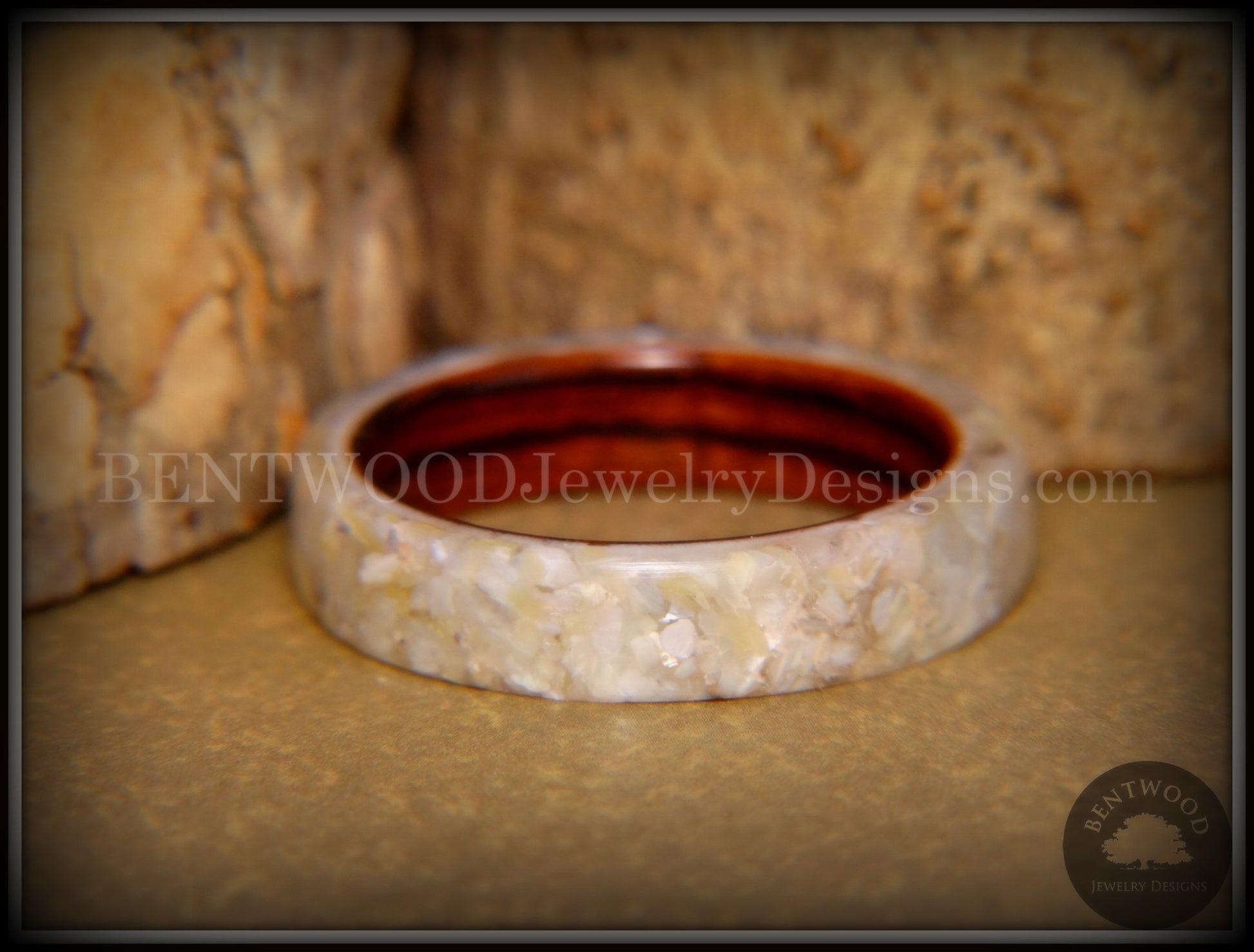 Bentwood Ring - Kingwood Ring with Full White Mother of Pearl Inlay handcrafted bentwood wooden rings wood wedding ring engagement