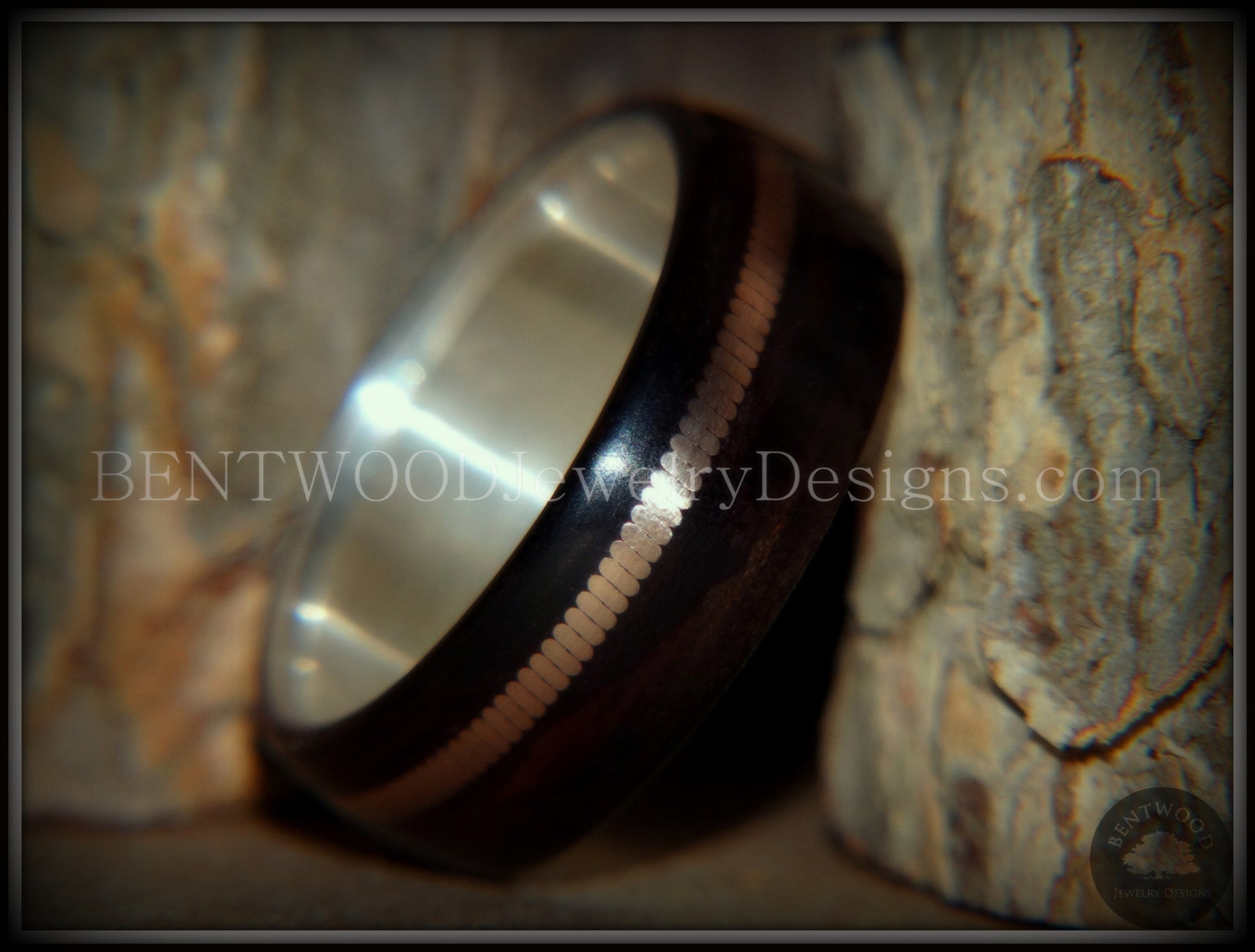 Bentwood Ring - "HEAVY Acoustic Minimalist" Macassar Ebony Wood Ring on Fine Silver Core with Thick Bronze Acoustic Guitar String Inlay handcrafted bentwood wooden rings wood wedding ring engagement