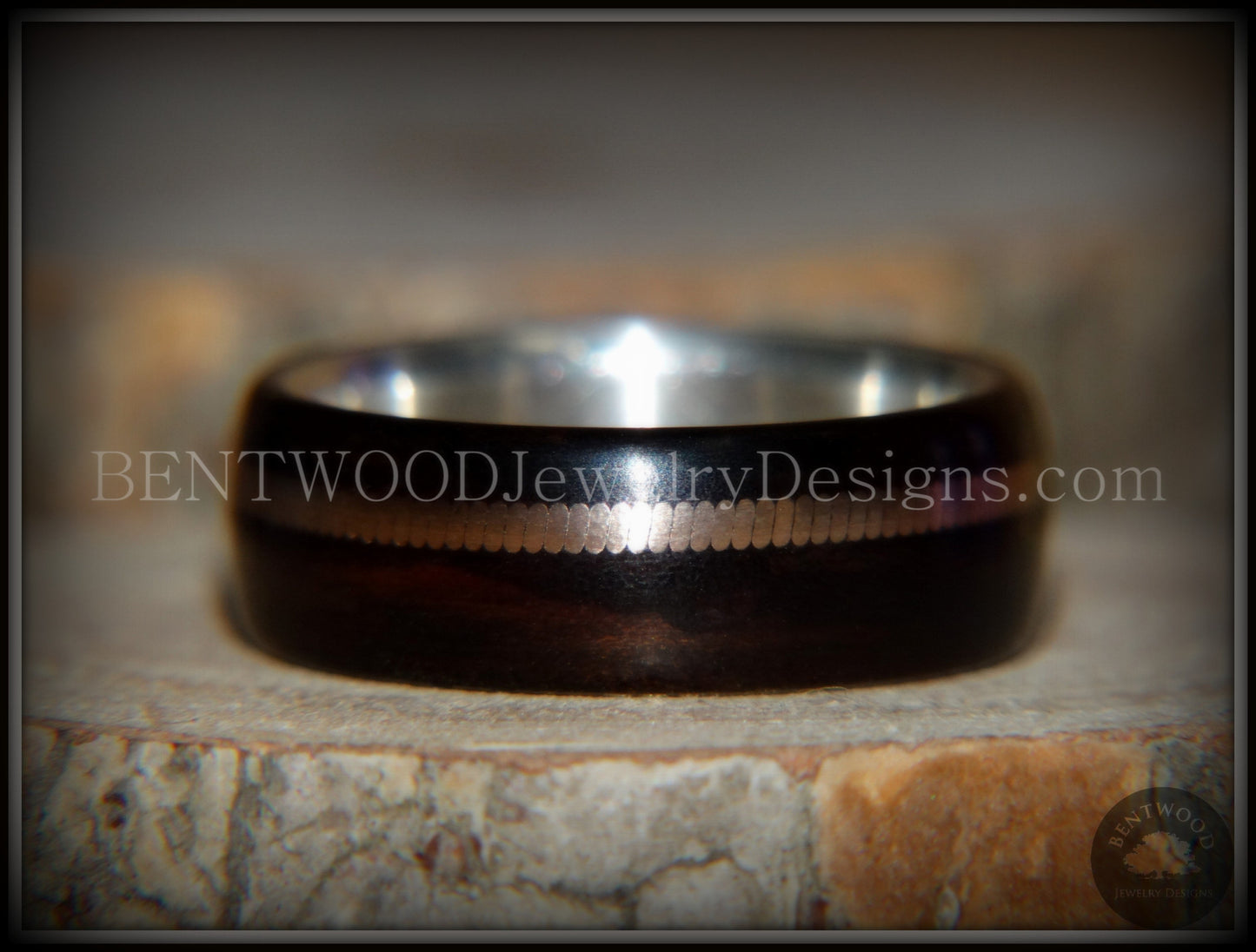 Tazzy Bentwood Ring - "Moto Moto" Acoustic Minimalist Macassar Ebony Wood Ring on Stainless Steel Core with Thick Bronze Guitar String Inlay handcrafted bentwood wooden rings wood wedding ring engagement