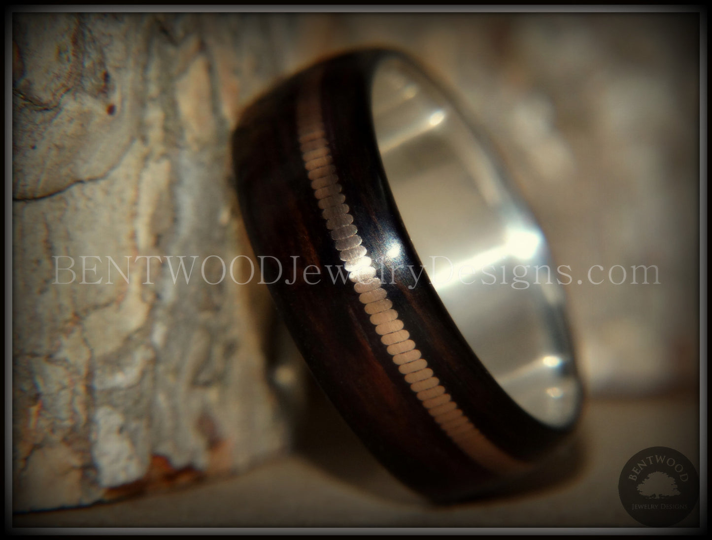 Tazzy Bentwood Ring - "Moto Moto" Acoustic Minimalist Macassar Ebony Wood Ring on Stainless Steel Core with Thick Bronze Guitar String Inlay handcrafted bentwood wooden rings wood wedding ring engagement
