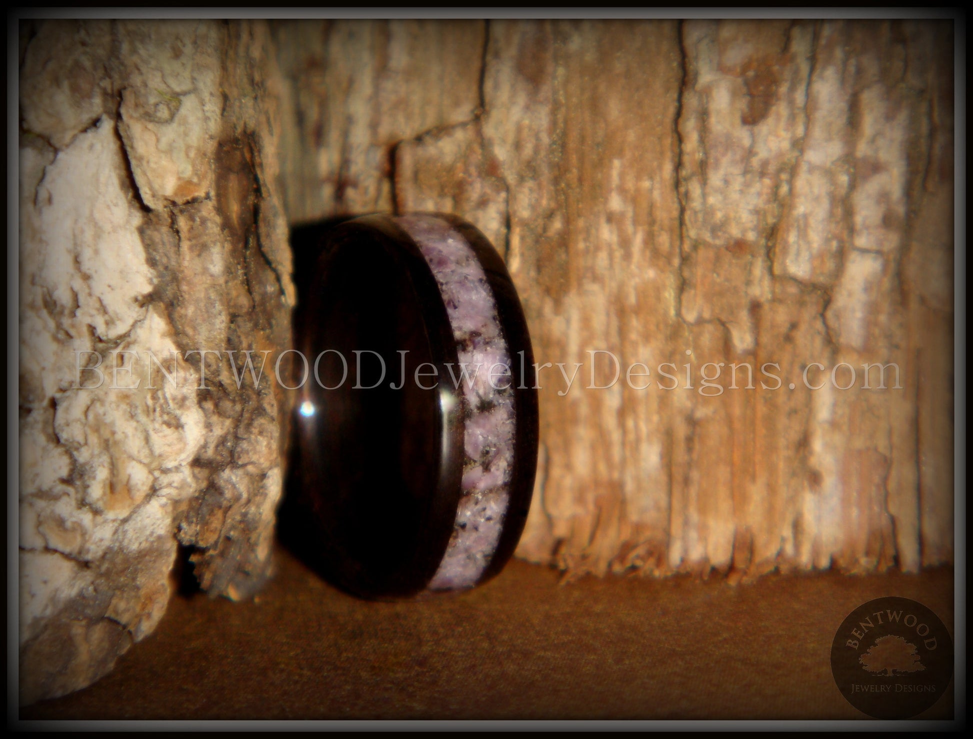 Bentwood Ring - Macassar Ebony Wood Ring and Charoite Stone Inlay handcrafted bentwood wooden rings wood wedding ring engagement