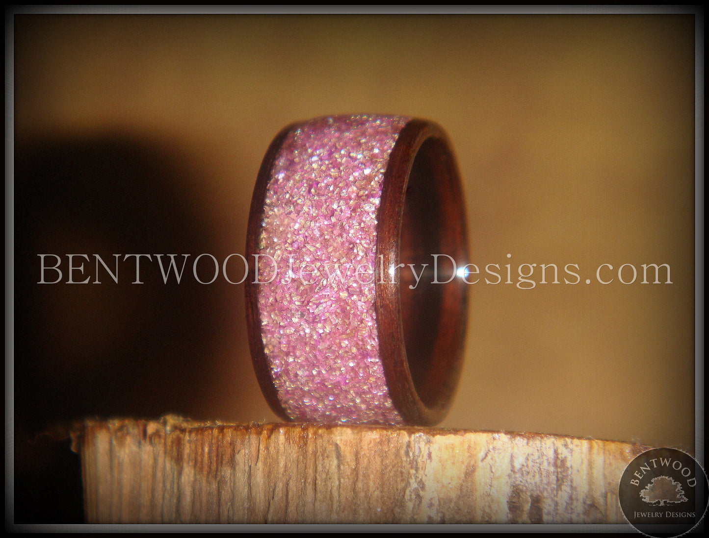 Bentwood Ring - Macassar Ebony Wood Ring with Crushed Lilac Glass Inlay handcrafted bentwood wooden rings wood wedding ring engagement