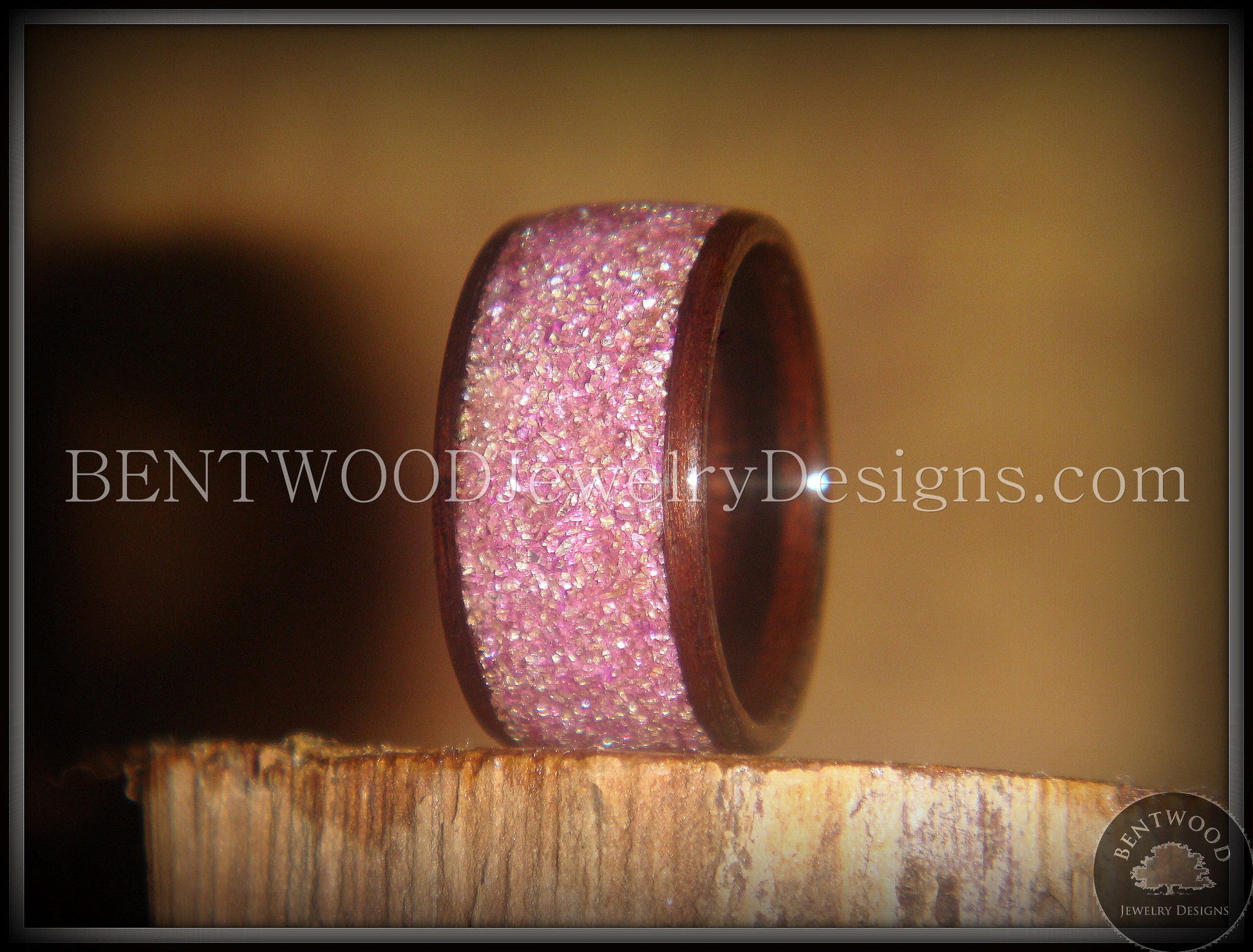 Bentwood Ring - Macassar Ebony Wood Ring with Crushed Lilac Glass Inlay handcrafted bentwood wooden rings wood wedding ring engagement