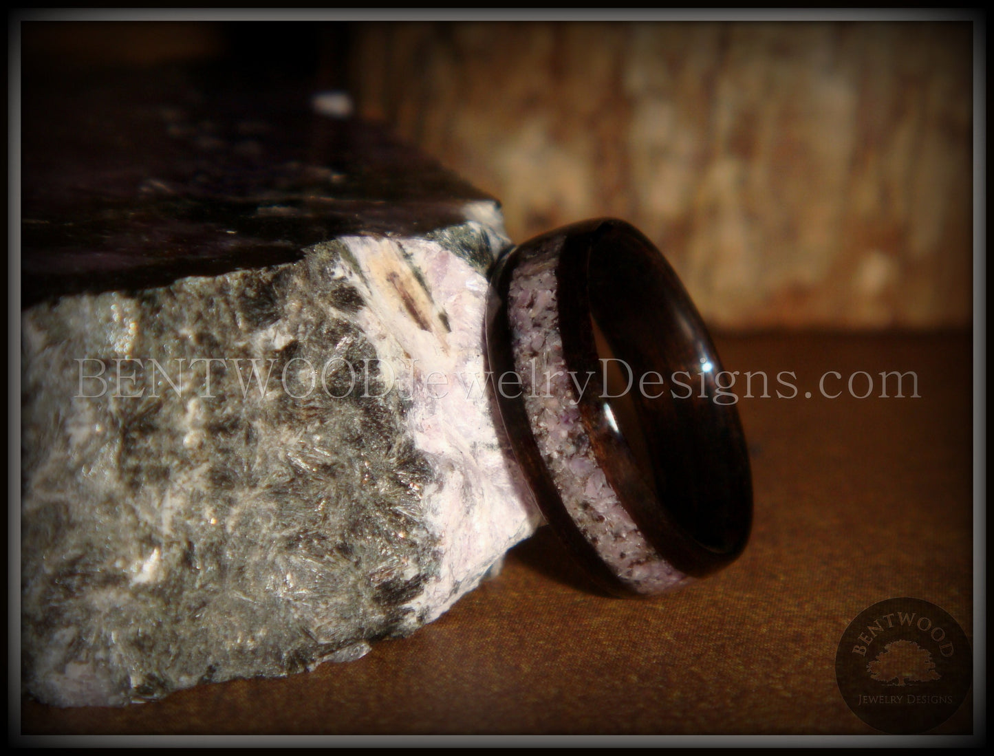 Bentwood Ring - Macassar Ebony Wood Ring and Charoite Stone Inlay handcrafted bentwood wooden rings wood wedding ring engagement