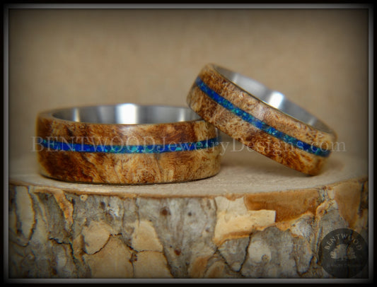 Bentwood Rings Set - Maple Burl on Surgical Steel Core with Azurite and blue Lapis Inlay handcrafted bentwood wooden rings wood wedding ring engagement