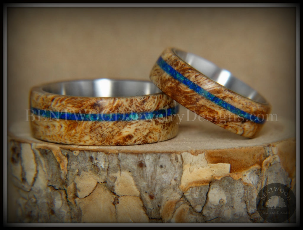 Bentwood Rings Set - Maple Burl on Surgical Steel Core with Azurite and blue Lapis Inlay handcrafted bentwood wooden rings wood wedding ring engagement
