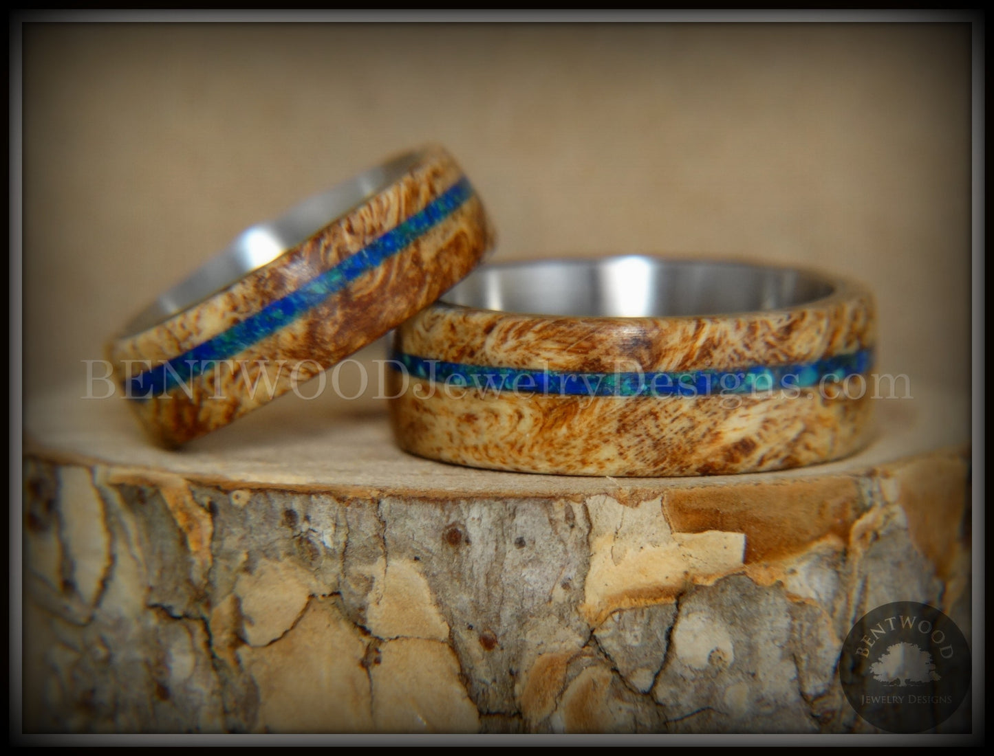 Bentwood Rings Set - Maple Burl on Surgical Steel Core with Azurite and blue Lapis Inlay handcrafted bentwood wooden rings wood wedding ring engagement