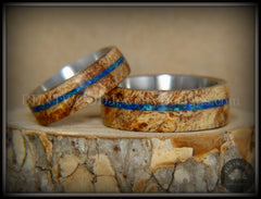 Bentwood Rings Set - Maple Burl on Surgical Steel Core with Azurite and blue Lapis Inlay handcrafted bentwood wooden rings wood wedding ring engagement