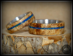 Bentwood Rings Set - Maple Burl on Surgical Steel Core with Azurite and blue Lapis Inlay handcrafted bentwood wooden rings wood wedding ring engagement