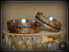 Bentwood Rings Set - Maple Burl on Surgical Steel Core with Azurite and blue Lapis Inlay handcrafted bentwood wooden rings wood wedding ring engagement