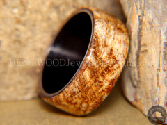 Bentwood Ring - "Marbled" Maple Burl Wood Ring with Surgical Grade "Onyx Black" Stainless Steel Comfort Fit Metal Core handcrafted bentwood wooden rings wood wedding ring engagement