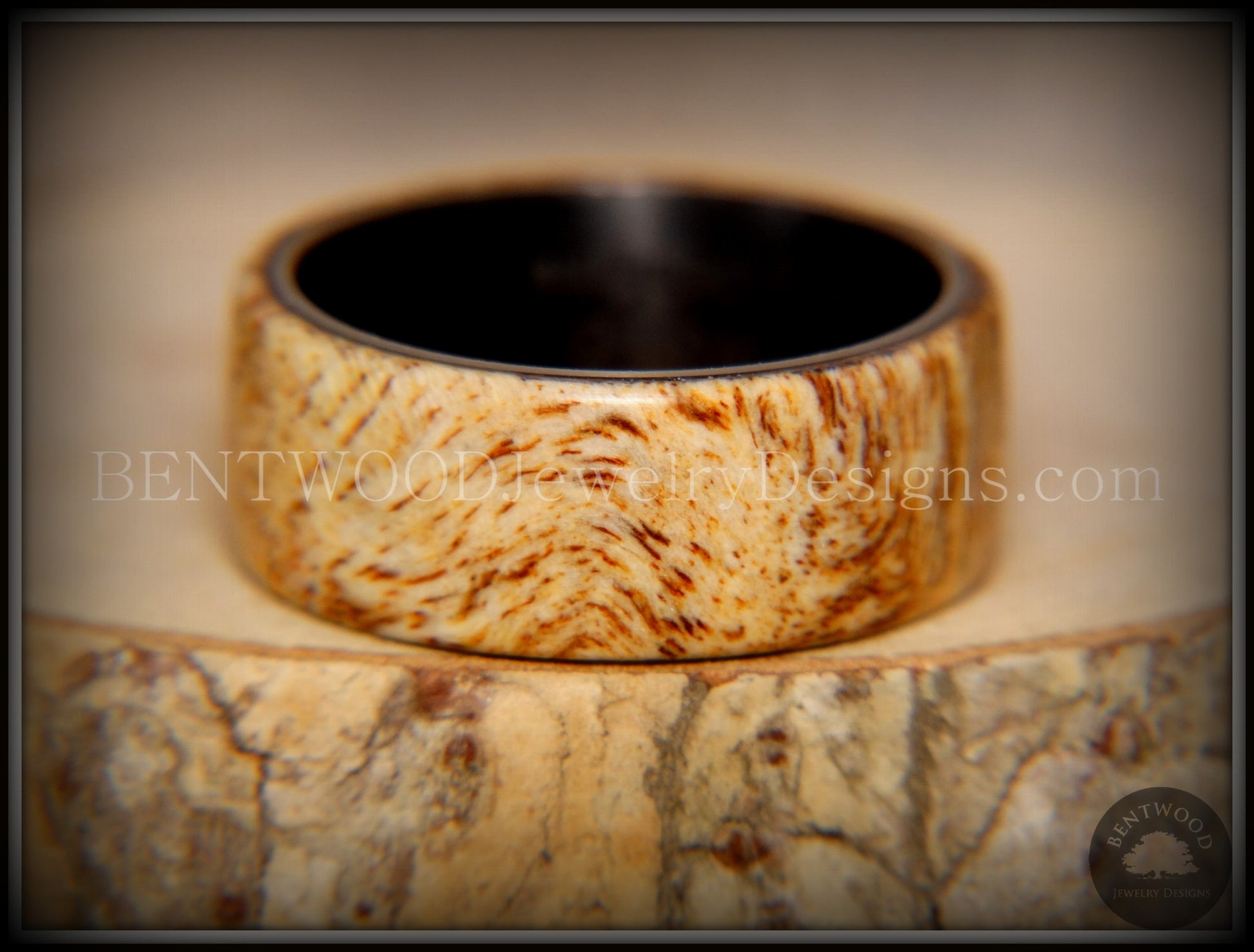 Bentwood Ring - "Marbled" Maple Burl Wood Ring with Surgical Grade "Onyx Black" Stainless Steel Comfort Fit Metal Core handcrafted bentwood wooden rings wood wedding ring engagement
