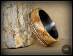 Bentwood Ring - Maple Burl Wood Ring Offset Guitar String Inlay on Surgical Grade "Onyx Black" Stainless Steel Comfort Fit Metal Core handcrafted bentwood wooden rings wood wedding ring engagement