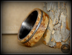 Bentwood Ring - Maple Burl Wood Ring Offset Guitar String Inlay on Surgical Grade "Onyx Black" Stainless Steel Comfort Fit Metal Core handcrafted bentwood wooden rings wood wedding ring engagement