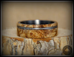 Bentwood Ring - Maple Burl Wood Ring Offset Guitar String Inlay on Surgical Grade "Onyx Black" Stainless Steel Comfort Fit Metal Core handcrafted bentwood wooden rings wood wedding ring engagement