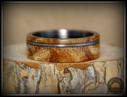 Bentwood Ring - Maple Burl Wood Ring Offset Guitar String Inlay on Surgical Grade "Onyx Black" Stainless Steel Comfort Fit Metal Core handcrafted bentwood wooden rings wood wedding ring engagement