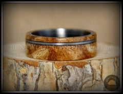 Bentwood Ring - Maple Burl Wood Ring Offset Guitar String Inlay on Surgical Grade "Onyx Black" Stainless Steel Comfort Fit Metal Core handcrafted bentwood wooden rings wood wedding ring engagement