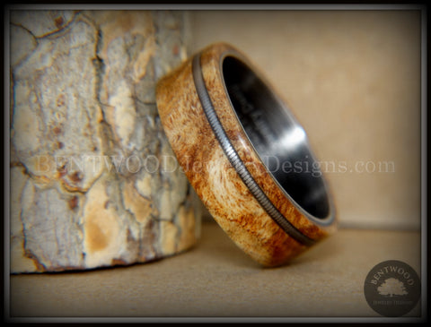 Bentwood Ring - Maple Burl Wood Ring Offset Guitar String Inlay on Surgical Grade "Onyx Black" Stainless Steel Comfort Fit Metal Core