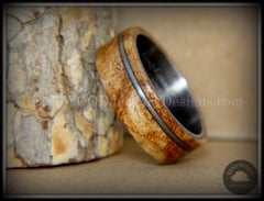 Bentwood Ring - Maple Burl Wood Ring Offset Guitar String Inlay on Surgical Grade "Onyx Black" Stainless Steel Comfort Fit Metal Core handcrafted bentwood wooden rings wood wedding ring engagement