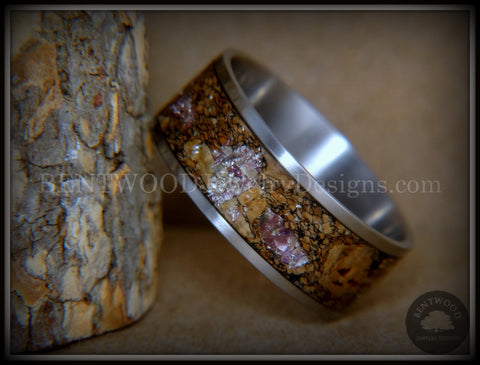 Bentwood Ring - "Figured Brown Amethyst" Glass Rare Mediterranean Oak Burl Wood Ring on Stainless Steel Comfort Fit Core