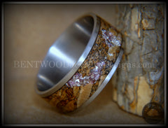 Bentwood Ring - "Figured Brown Amethyst" Glass Rare Mediterranean Oak Burl Wood Ring on Stainless Steel Comfort Fit Core handcrafted bentwood wooden rings wood wedding ring engagement