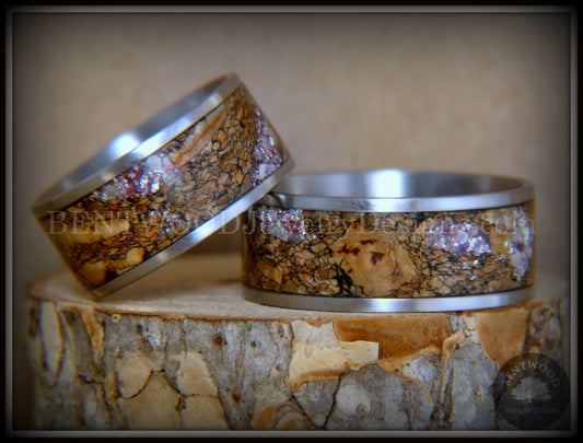 Bentwood Rings Set - "Figured Brown Amtheyst" Mediterranean Oak Burl on Surgical Steel Core handcrafted bentwood wooden rings wood wedding ring engagement
