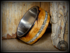 Bentwood Ring - "Smoked Steel" Smoked Olivewood Ring on Titanium Core with Offset Sand Inlay handcrafted bentwood wooden rings wood wedding ring engagement