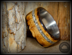 Bentwood Ring - "Smoked Steel" Smoked Olivewood Ring on Titanium Core with Offset Sand Inlay handcrafted bentwood wooden rings wood wedding ring engagement