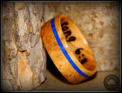 Bentwood Ring - Bethlehem Olive Wood Ring with Offset Blue Lapis Inlay handcrafted bentwood wooden rings wood wedding ring engagement
