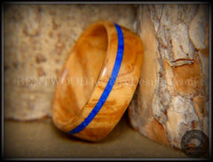 Bentwood Ring - Bethlehem Olive Wood Ring with Offset Blue Lapis Inlay handcrafted bentwood wooden rings wood wedding ring engagement