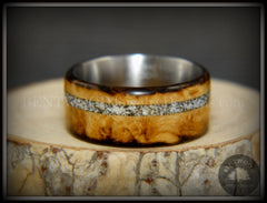 Bentwood Ring - "Smoked Steel" Smoked Olivewood Ring on Titanium Core with Offset Sand Inlay handcrafted bentwood wooden rings wood wedding ring engagement