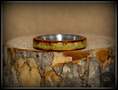 Bentwood Ring - "Inlaid Ole Smoky" Olive Wood Ring with Green Apple Turquoise Inlay on Surgical Steel handcrafted bentwood wooden rings wood wedding ring engagement