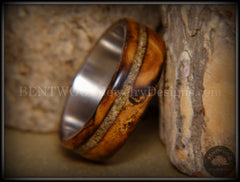 Bentwood Ring - "Live Smokey" Olivewood Ring on Stainless Steel Core with Live Oak Inlay handcrafted bentwood wooden rings wood wedding ring engagement