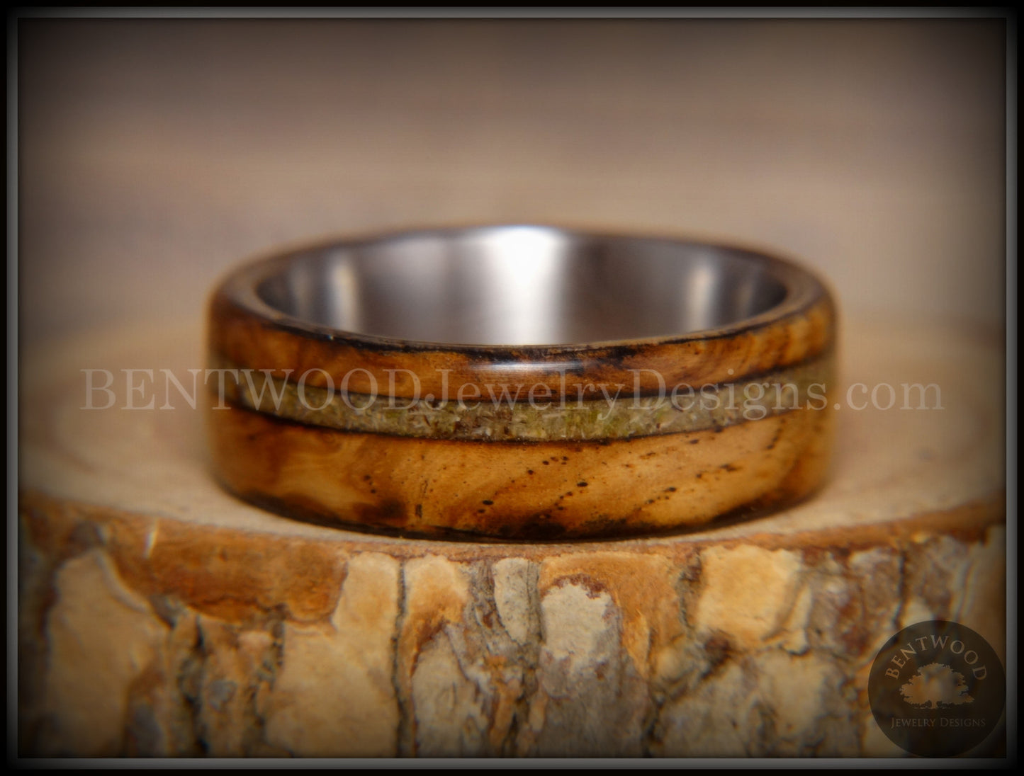 Bentwood Ring - "Live Smokey" Olivewood Ring on Stainless Steel Core with Live Oak Inlay handcrafted bentwood wooden rings wood wedding ring engagement