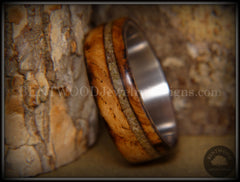 Bentwood Ring - "Live Smokey" Olivewood Ring on Stainless Steel Core with Live Oak Inlay handcrafted bentwood wooden rings wood wedding ring engagement