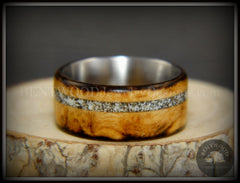 Bentwood Ring - "Smoked Steel" Smoked Olivewood Ring on Titanium Core with Offset Sand Inlay handcrafted bentwood wooden rings wood wedding ring engagement