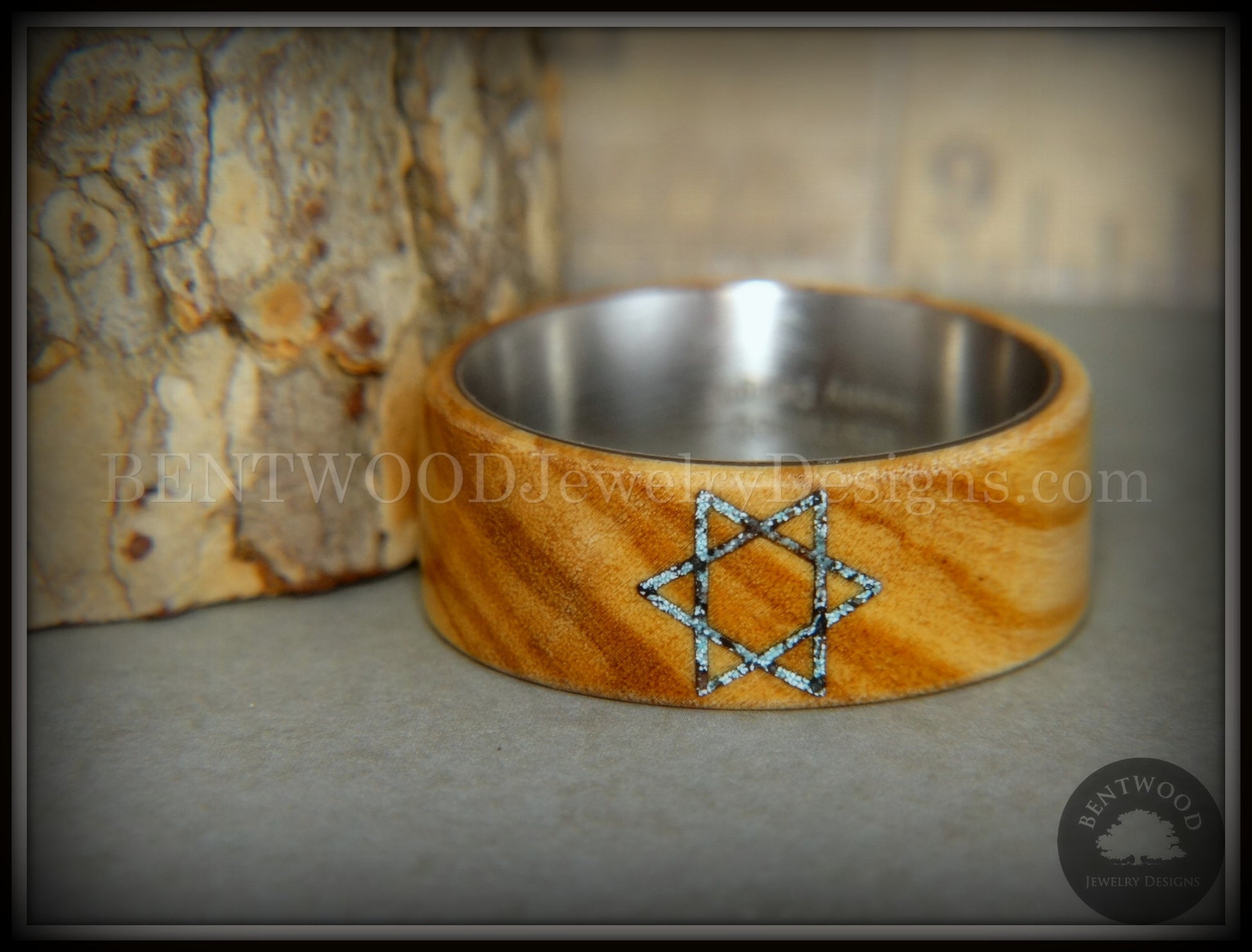 Bentwood Ring - "Star of David" Bethlehem Olivewood with Patina Copper Iron Sands handcrafted bentwood wooden rings wood wedding ring engagement