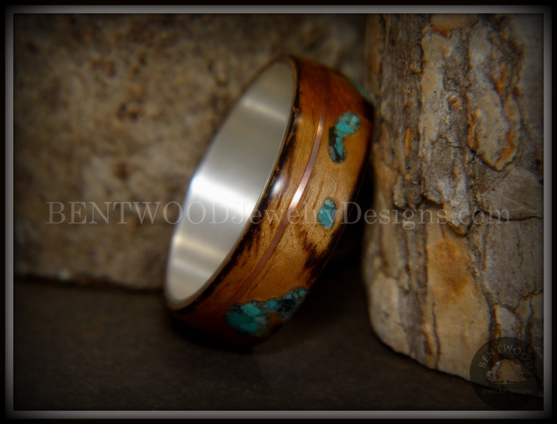 Bentwood Ring - "Random Smoky" Olivewood Silver Core with Copper and Turquoise Inlays handcrafted bentwood wooden rings wood wedding ring engagement
