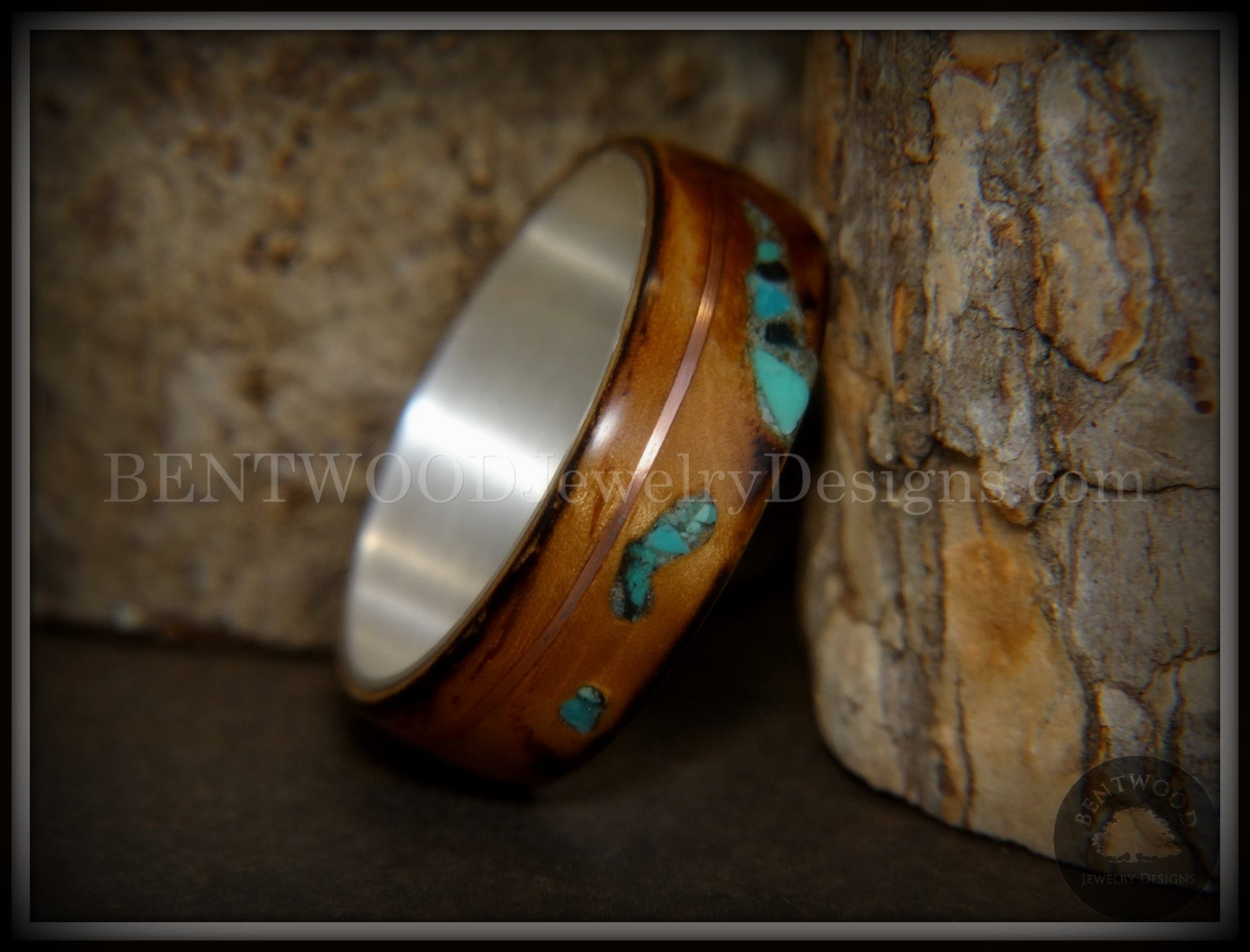 Bentwood Ring - "Random Smoky" Olivewood Silver Core with Copper and Turquoise Inlays handcrafted bentwood wooden rings wood wedding ring engagement