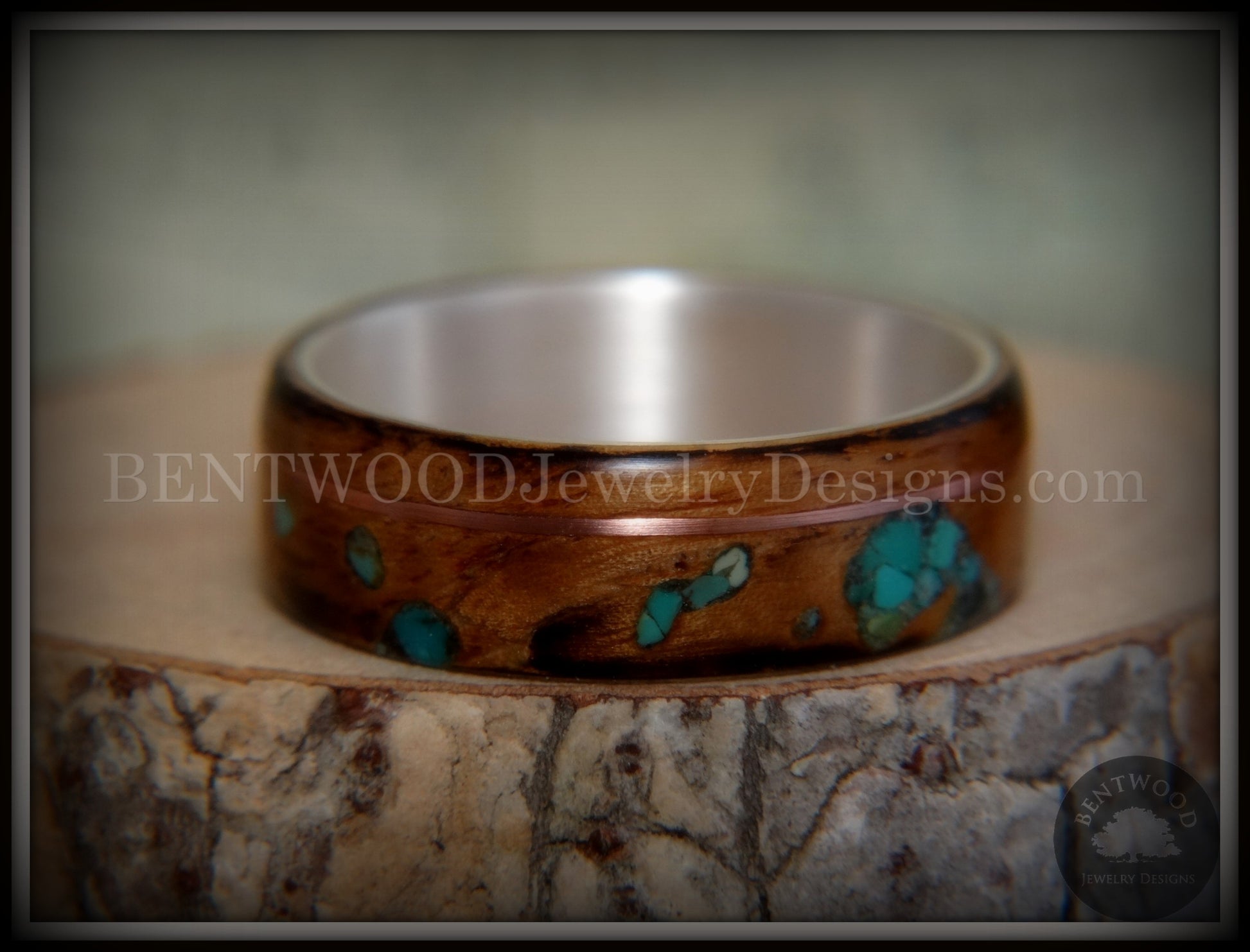 Bentwood Ring - "Random Smoky" Olivewood Silver Core with Copper and Turquoise Inlays handcrafted bentwood wooden rings wood wedding ring engagement