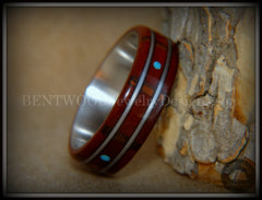 Bentwood Ring - "Tracks Melody" Padauk on Titanium Core with Walnut Fret Inlay and Turquoise Dot Inlay handcrafted bentwood wooden rings wood wedding ring engagement