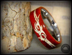 Bentwood Ring - "Tribal" African Padauk on Titanium Core with Tribal Symbol Cape Town Beach Sand Inlay handcrafted bentwood wooden rings wood wedding ring engagement