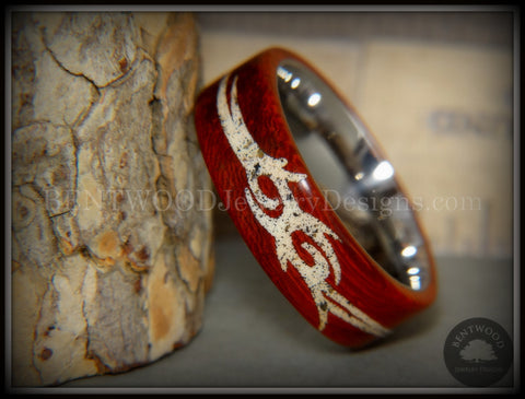 Bentwood Ring - "Tribal" African Padauk on Titanium Core with Tribal Symbol Cape Town Beach Sand Inlay
