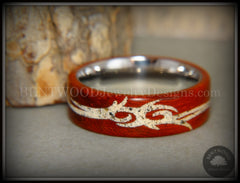 Bentwood Ring - "Tribal" African Padauk on Titanium Core with Tribal Symbol Cape Town Beach Sand Inlay handcrafted bentwood wooden rings wood wedding ring engagement