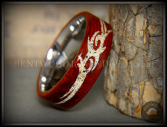 Bentwood Ring - "Tribal" African Padauk on Titanium Core with Tribal Symbol Cape Town Beach Sand Inlay handcrafted bentwood wooden rings wood wedding ring engagement