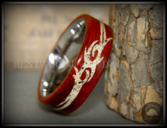 Bentwood Ring - "Tribal" African Padauk on Titanium Core with Tribal Symbol Cape Town Beach Sand Inlay handcrafted bentwood wooden rings wood wedding ring engagement