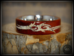 Bentwood Ring - "Tribal" African Padauk on Titanium Core with Tribal Symbol Cape Town Beach Sand Inlay handcrafted bentwood wooden rings wood wedding ring engagement