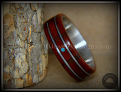 Bentwood Ring - "Tracks Melody" Padauk on Titanium Core with Walnut Fret Inlay and Turquoise Dot Inlay handcrafted bentwood wooden rings wood wedding ring engagement